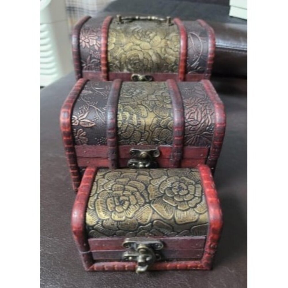 New 3-Set Small Wooden Treasure Chest Boxes with Flower Motifs, Decorative
